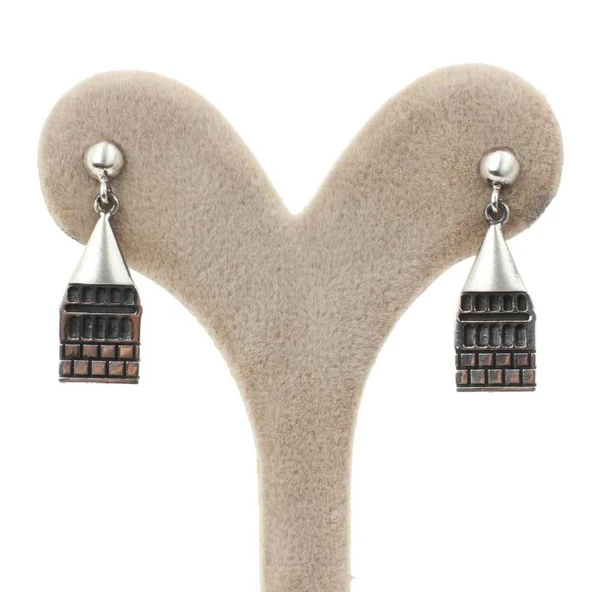 925 Ayar Gümüş Galata Kulesi Küpe - Resim 4