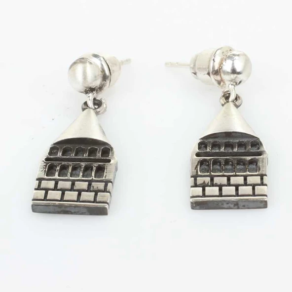 925 Ayar Gümüş Galata Kulesi Küpe - Resim 3