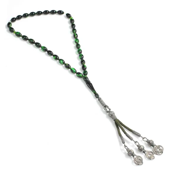1000 Ayar Gümüş Püskül ve Yeşil Renk Sıkma Kehribar Taşlı Tesbih - Resim 4