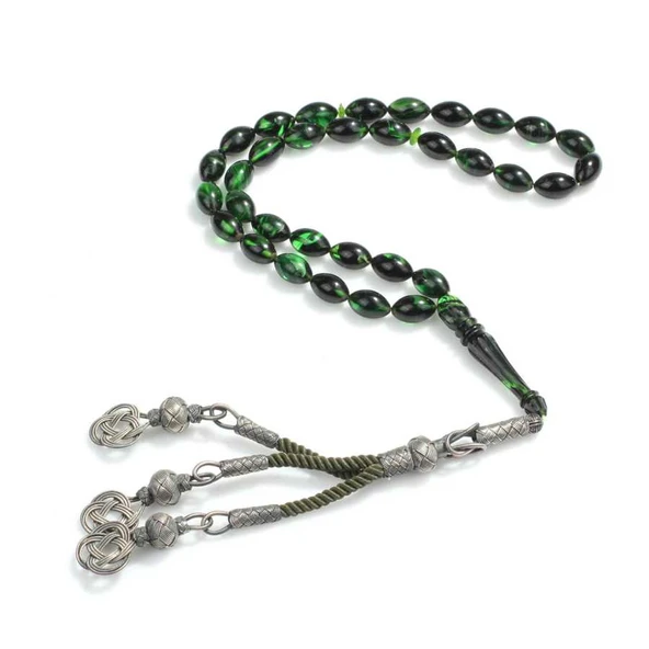 1000 Ayar Gümüş Püskül ve Yeşil Renk Sıkma Kehribar Taşlı Tesbih ürün görseli