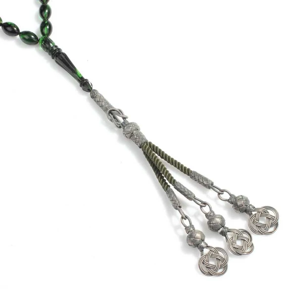 1000 Ayar Gümüş Püskül ve Yeşil Renk Sıkma Kehribar Taşlı Tesbih - Resim 2