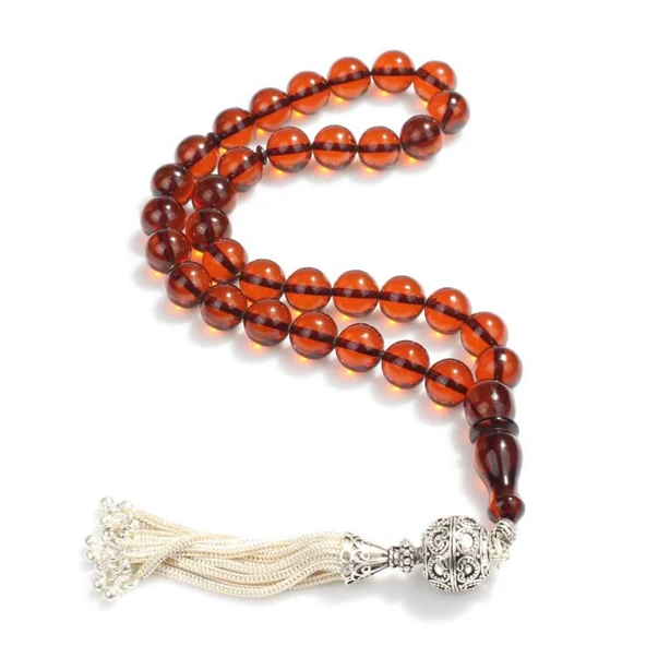 925 Ayar Gümüş Püsküllü Kırmızı Sıkma Kehribar Tesbih ürün görseli