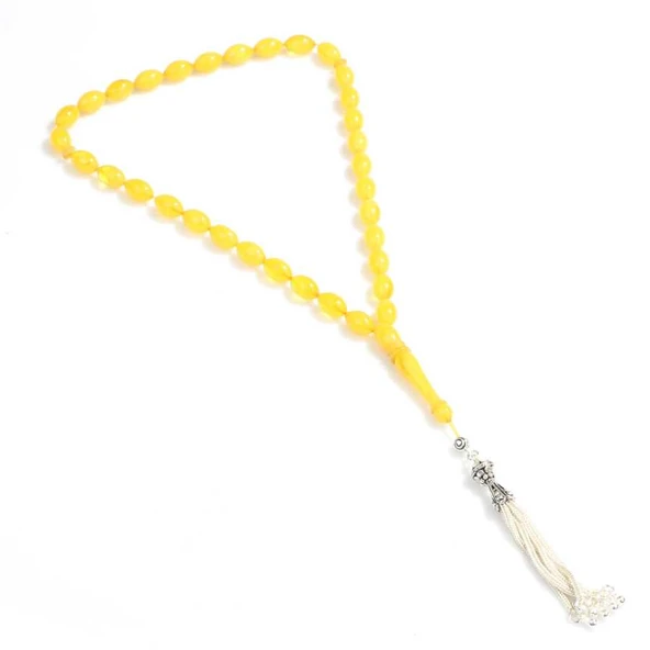 925 Ayar Gümüş Sarı Kehribar Badem Taşlı ve Gümüş Püsküllü Tesbih - Resim 4
