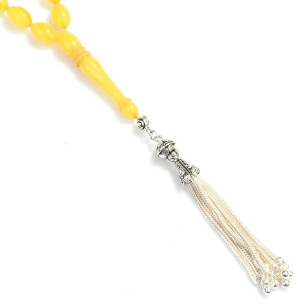 925 Ayar Gümüş Sarı Kehribar Badem Taşlı ve Gümüş Püsküllü Tesbih - Resim 3