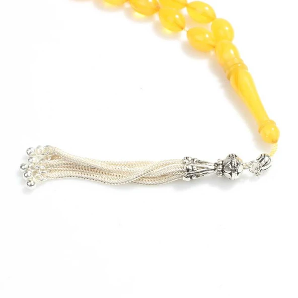 925 Ayar Gümüş Sarı Kehribar Badem Taşlı ve Gümüş Püsküllü Tesbih - Resim 2