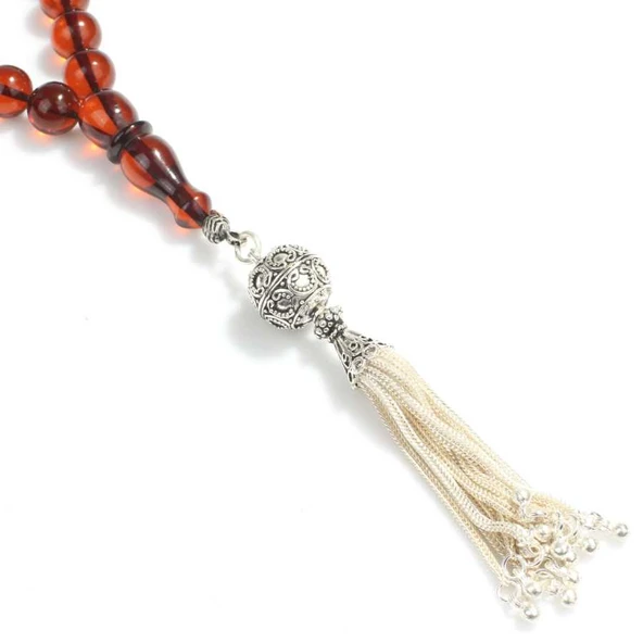 925 Ayar Gümüş Püsküllü Kırmızı Sıkma Kehribar Tesbih - Resim 3