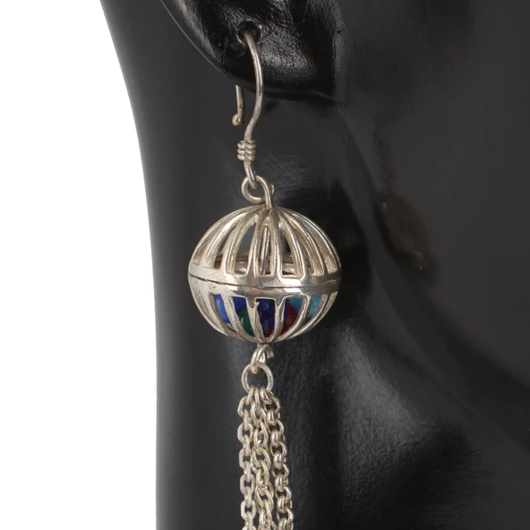 925 Ayar Gümüş Kafesli Top Taşlı Küpe - Resim 4