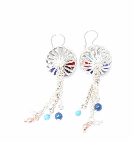 925 Ayar Gümüş Kafesli Top Taşlı Küpe - Resim 6