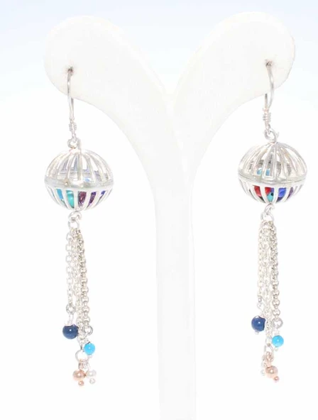 925 Ayar Gümüş Kafesli Top Taşlı Küpe - Resim 5