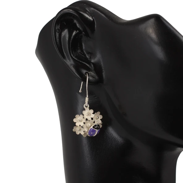 925 Ayar Gümüş Uğur Böcek Modeli Çiçek Küpe - Resim 3