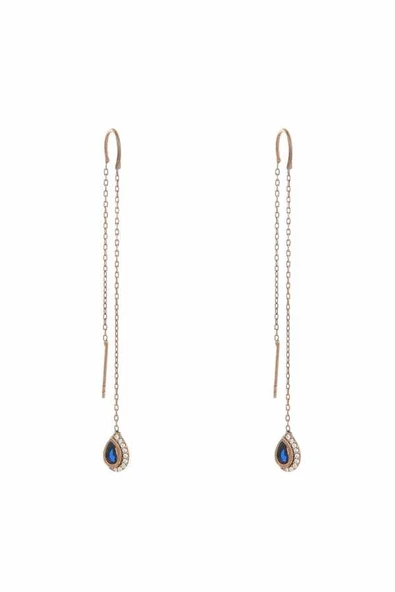 925 Ayar Rose Gümüş Yeşil Taşlı Zincir Küpe ürün görseli 1