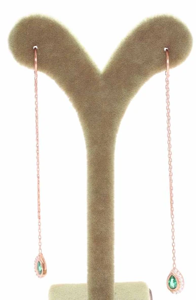 925 Ayar Rose Gümüş Yeşil Taşlı Zincir Küpe - Resim 4