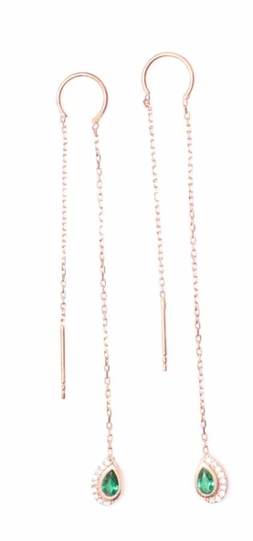 925 Ayar Rose Gümüş Yeşil Taşlı Zincir Küpe - Resim 3