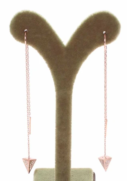 925 Ayar Gümüş Beyaz Taşlı Piramit Huni Uçlu Çift Zincir Küpe - Resim 3