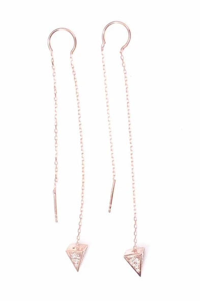 925 Ayar Gümüş Beyaz Taşlı Piramit Huni Uçlu Çift Zincir Küpe - Resim 4