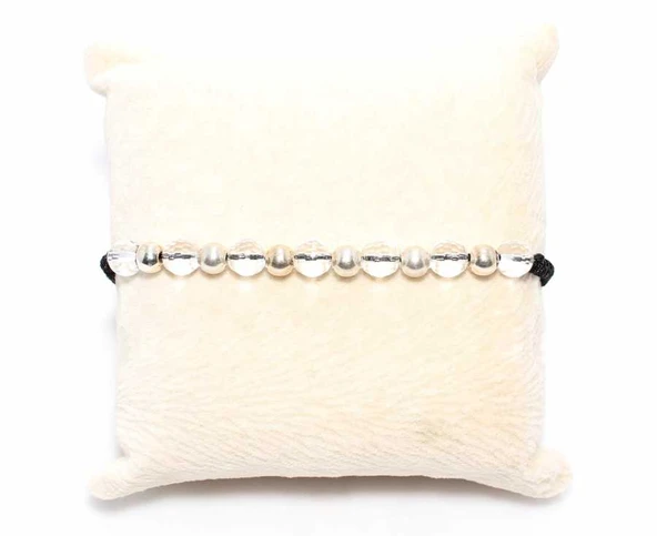 Şeffaf Taşlı ve Gümüş Toplu İpli Bileklik - Resim 3