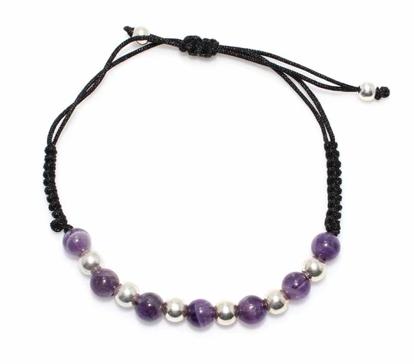 Ametist Taşlı ve Gümüş Toplu İpli Bileklik - Resim 3