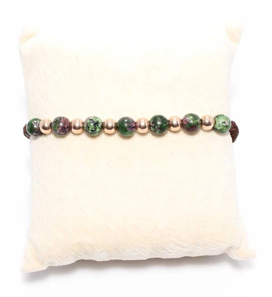 925 Ayar Gümüş Kahverengi İpli, Turmalin  Taşlı, Rose Gümüş toplu Bileklik - Resim 2