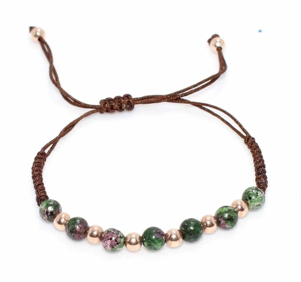 925 Ayar Gümüş Kahverengi İpli, Turmalin  Taşlı, Rose Gümüş toplu Bileklik ürün görseli