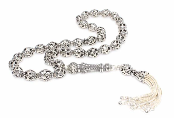 925 Ayar Gümüş Arpa Kesim Delikli Top Tesbih, Desenli İmame - Resim 2