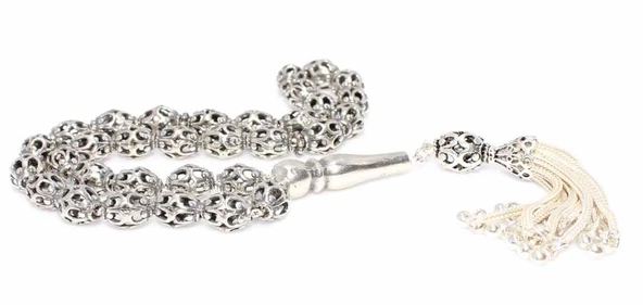 925 Ayar Gümüş Arpa Kesim Delikli Top Tesbih, Düz İmame ürün görseli