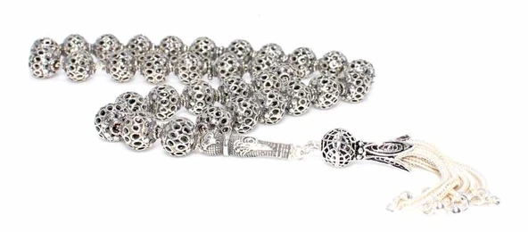 925 Ayar Gümüş Küre Kesim Delikli Top Tesbih, Tuğra Motifli İmame ürün görseli 1