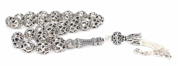 925 Ayar Gümüş Küre Kesim Delikli Top Tesbih, Desenli İmame ürün görseli 1