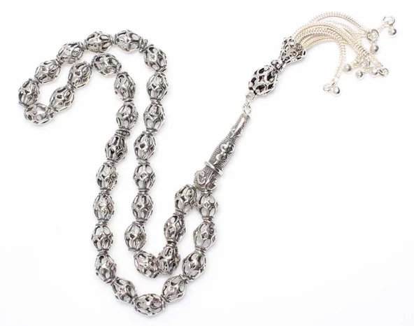 925 Ayar Gümüş Delikli Top Tesbih, Elif Vav Desenli İmame - Resim 3