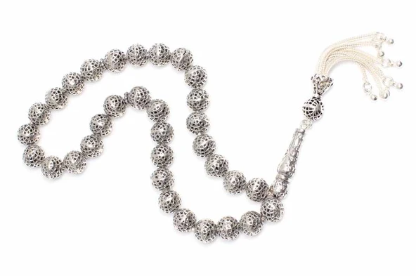 925 Ayar Gümüş Geometrik Şekil Top Tesbih, Çiçek Motifli İmame - Resim 2