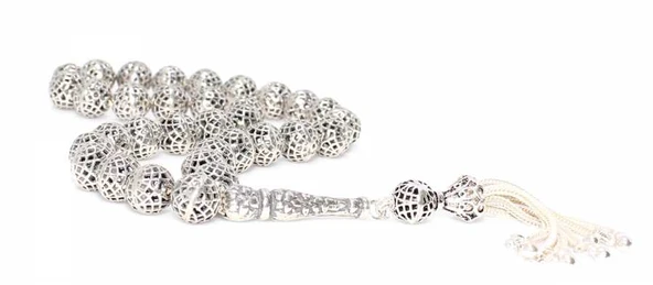 925 Ayar Gümüş Geometrik Şekil Top Tesbih, Çiçek Motifli İmame ürün görseli