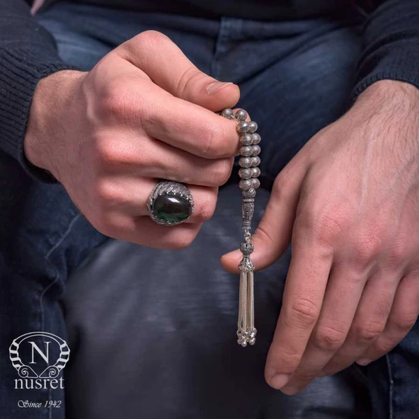 925 Ayar Gümüş Desenli Top Tesbih, Osmanlı Arması İmame - Resim 5