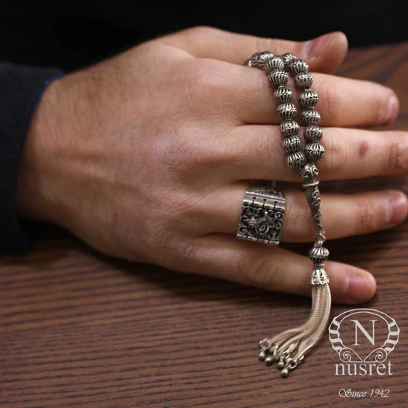 925 Ayar Gümüş Desenli Top Tesbih, Elif Vav İmame ürün görseli 1