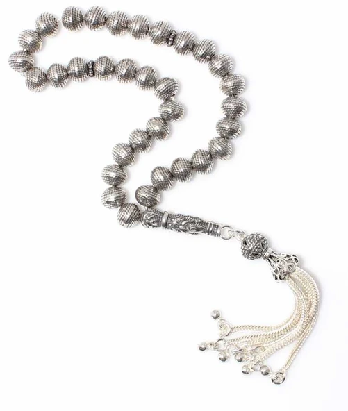 925 Ayar Gümüş Desenli Top Tesbih, Osmanlı Arması İmame - Resim 4