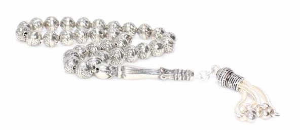 925 Ayar Gümüş Helezonik Desenli Top Tesbih, Lale Desenli İmame ürün görseli 1