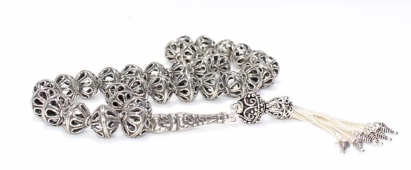 925 Ayar Gümüş Delikli Top Tesbih, Çiçek Desenli İmame ürün görseli 1