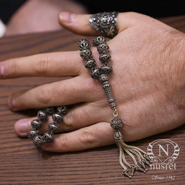 925 Ayar Gümüş Delikli Top Tesbih, Desenli İmame ürün görseli 1