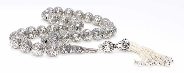 925 Ayar Gümüş Helezonik Top Tesbih, Elif Vav Desenli İmame - Resim 2