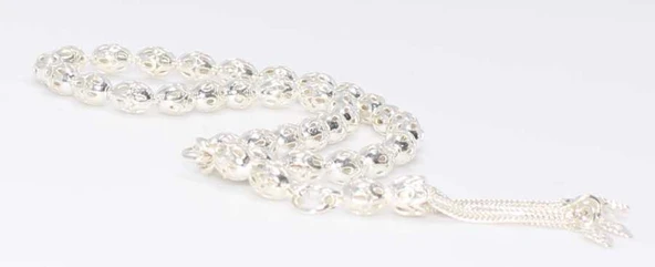 925 Ayar Gümüş Arpa Kesim Delikli Toplardan Tesbih, Beyaz ürün görseli 1