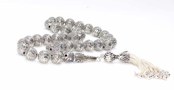 925 Ayar Gümüş Helezonik Top Tesbih, Elif Vav Desenli İmame - Resim 4