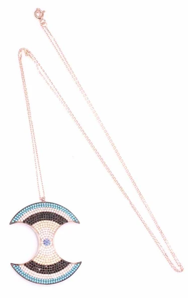 925 Ayar Rose Gümüş Büyük Nazar Boncuğu Uzun Kolye - Resim 5