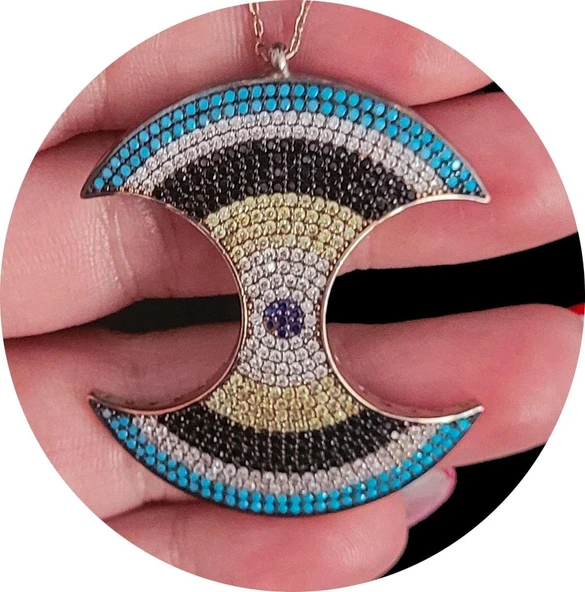 925 Ayar Rose Gümüş Büyük Nazar Boncuğu Uzun Kolye - Resim 3