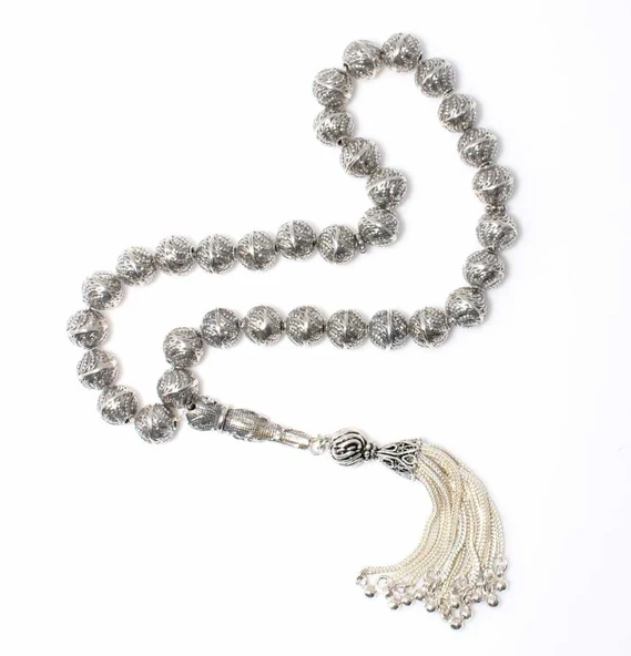 925 Ayar Gümüş Helezonik Top Tesbih, Elif Vav Desenli İmame ürün görseli