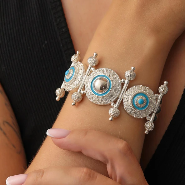 925 Ayar Gümüş Mavi Mineli Antik Bileklik - Resim 2