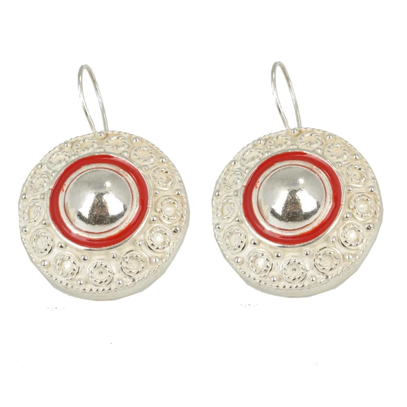 925 Ayar Gümüş Kırmızı Mineli Yuvarlak Antik Küpe ürün görseli