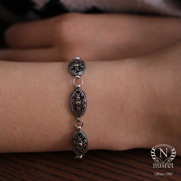 925 Ayar Gümüş ve Bronz Karışımı Oval Parçalı Otantik Bileklik - Resim 2