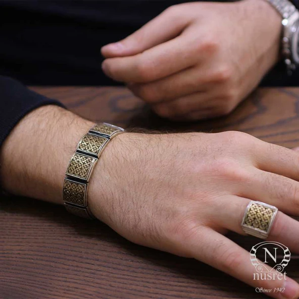 925 Ayar Gümüş ve Bronz Karışımı Konstantinapol Tasarım Kalın Bileklik - Resim 7