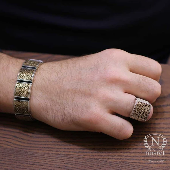 925 Ayar Gümüş ve Bronz Karışımı Konstantinapol Tasarım Kalın Bileklik - Resim 5