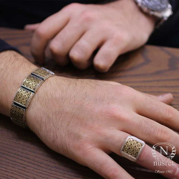925 Ayar Gümüş ve Bronz Karışımı Konstantinapol Tasarım Kalın Bileklik - Resim 3