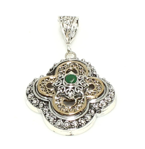 925 Ayar Gümüş ve Bronz Karışımı Konstantinapol Tasarım Kolye Ucu, Yeşil Taşlı - Resim 2