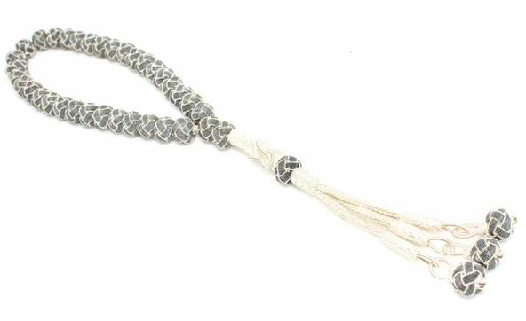 999 Ayar Gümüş Siyah Beyaz Renk Kazaz Tesbih - Resim 2